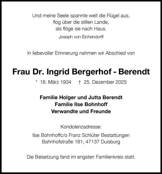 Traueranzeige von Ingrid Bergerhof-Berendt von Tageszeitung