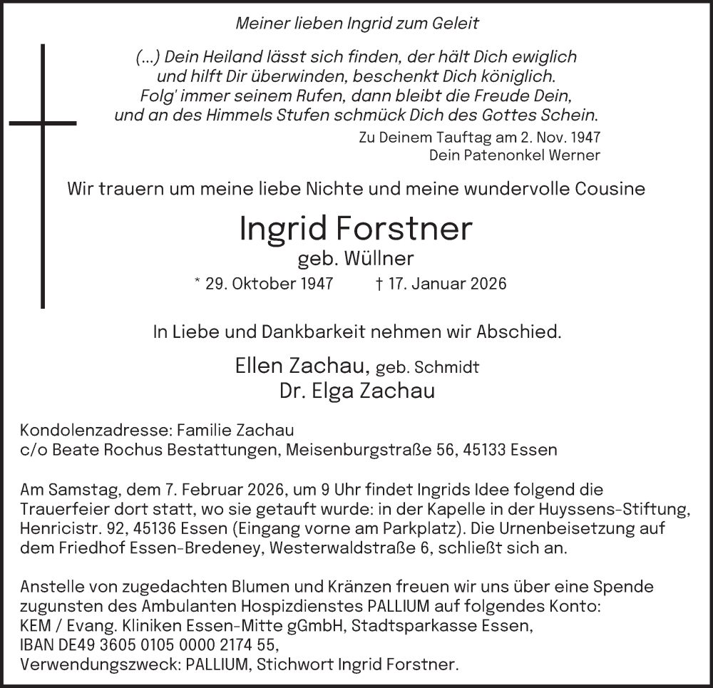  Traueranzeige für Ingrid Forstner vom 31.01.2026 aus Tageszeitung