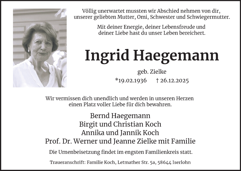  Traueranzeige für Ingrid Haegemann vom 03.01.2026 aus Tageszeitung
