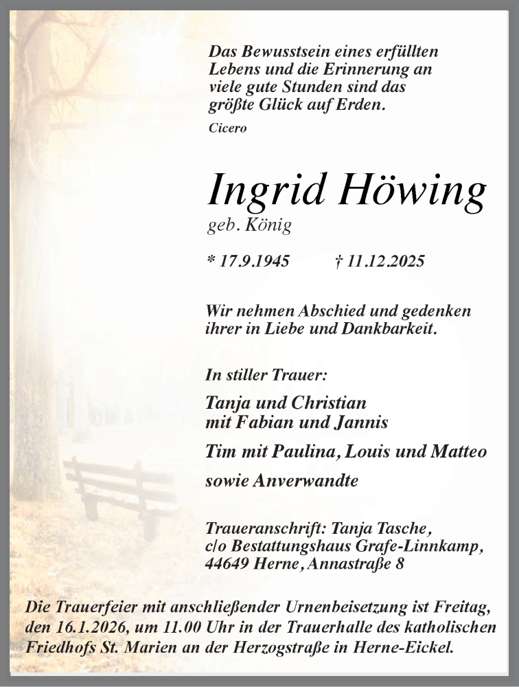  Traueranzeige für Ingrid Höwing vom 10.01.2026 aus Tageszeitung