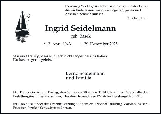 Traueranzeige von Ingrid Seidelmann von Tageszeitung