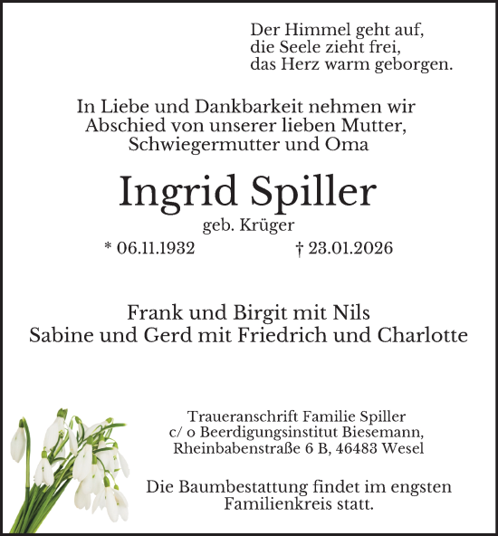 Traueranzeige von Ingrid Spiller von Tageszeitung