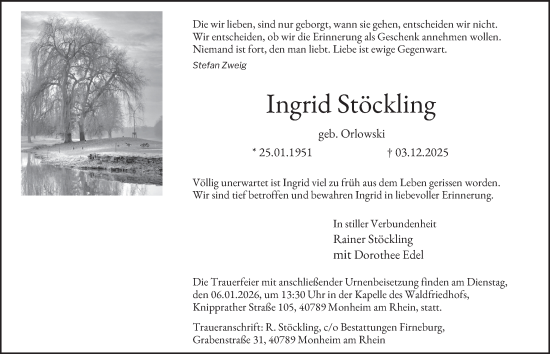 Traueranzeige von Ingrid Stöckling von Tageszeitung