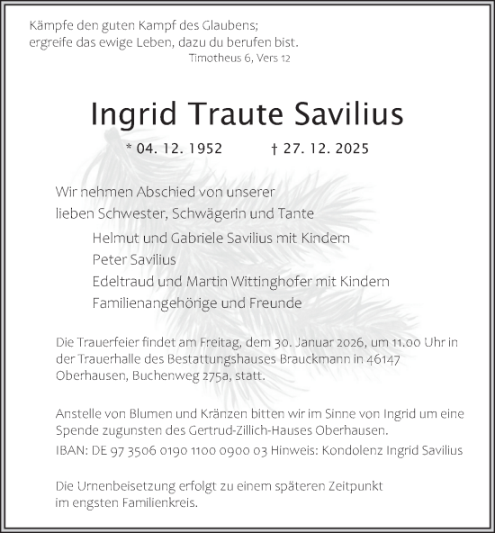 Traueranzeige von Ingrid Traute Savilius von Tageszeitung