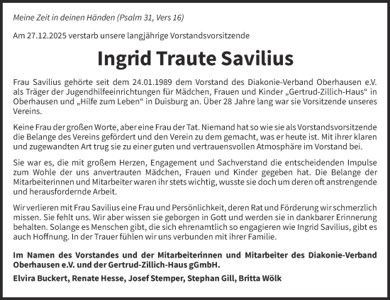 Traueranzeige von Ingrid Traute Savilius von Tageszeitung