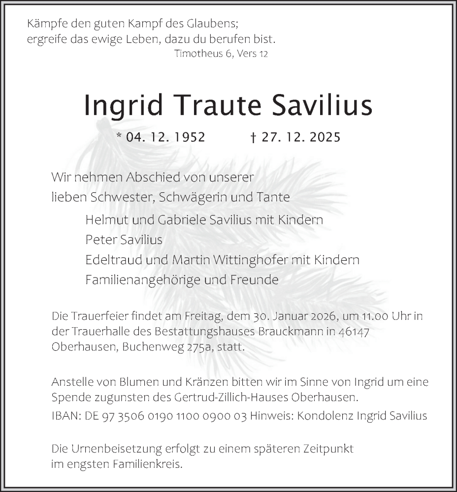  Traueranzeige für Ingrid Traute Savilius vom 24.01.2026 aus Tageszeitung