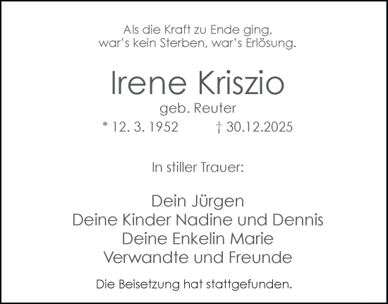 Traueranzeige von Irene Kriszio von Tageszeitung