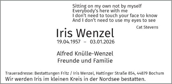 Traueranzeige von Iris Wenzel von Tageszeitung