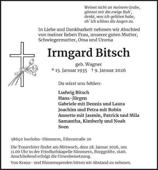 Traueranzeige von Irmgard Bitsch von Tageszeitung