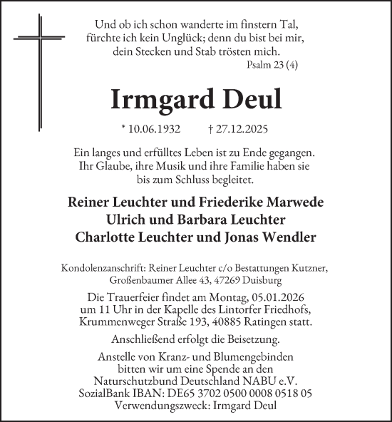 Traueranzeige von Irmgard Deul von Tageszeitung