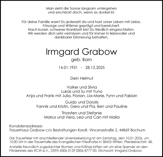 Traueranzeige von Irmgard Grabow von Tageszeitung