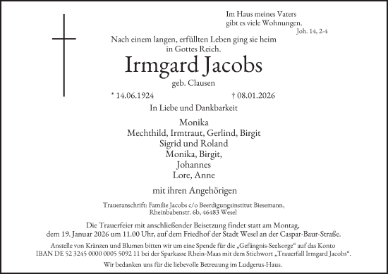Traueranzeige von Irmgard Jacobs von Tageszeitung