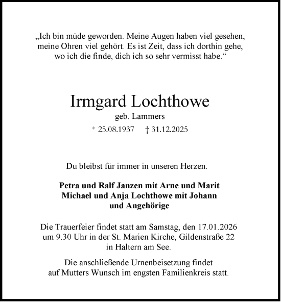 Traueranzeige von Irmgard Lochthowe von Tageszeitung