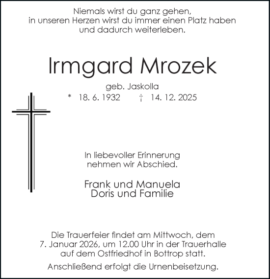 Traueranzeige von Irmgard Mrozek von Tageszeitung