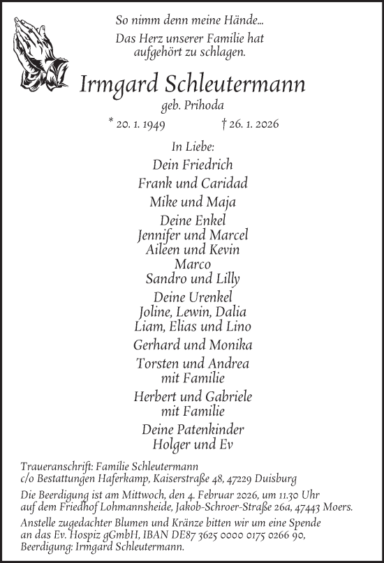 Traueranzeige von Irmgard Schleutermann von Tageszeitung