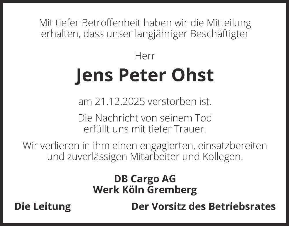  Traueranzeige für Jens Peter Ohst vom 21.01.2026 aus Tageszeitung