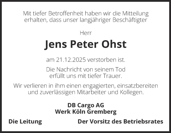 Traueranzeige von Jens Peter Ohst von Tageszeitung