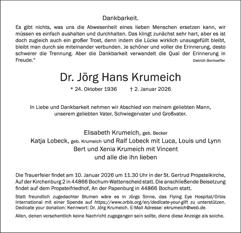  Traueranzeige für Jörg Hans Krumeich vom 07.01.2026 aus Tageszeitung