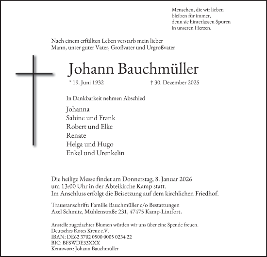 Traueranzeige von Johann Bauchmüller von Tageszeitung