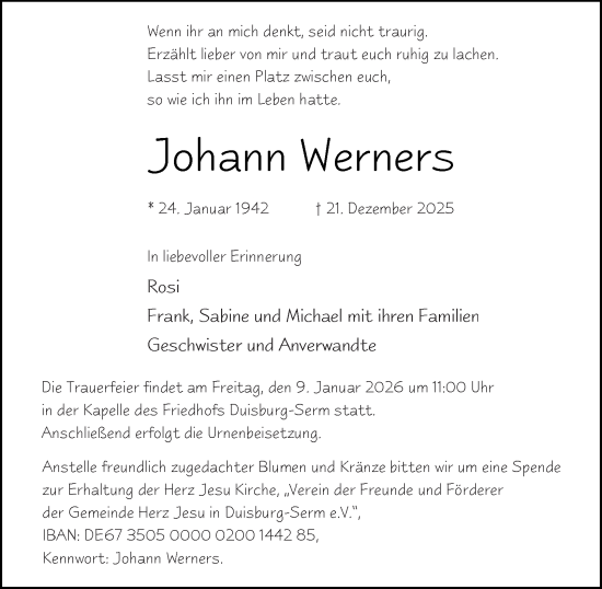 Traueranzeige von Johann Werners von Tageszeitung