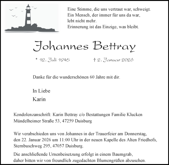 Traueranzeige von Johannes Bettray von Tageszeitung