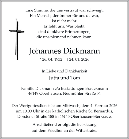 Traueranzeige von Johannes Dickmann von Tageszeitung