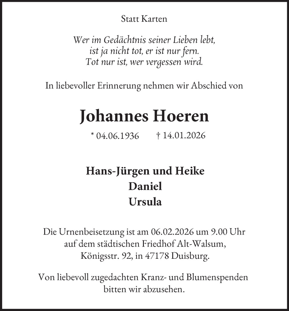  Traueranzeige für Johannes Hoeren vom 31.01.2026 aus Tageszeitung