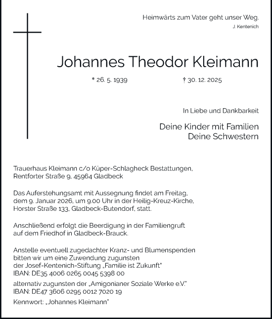 Traueranzeige von Johannes Theodor Kleimann von Tageszeitung
