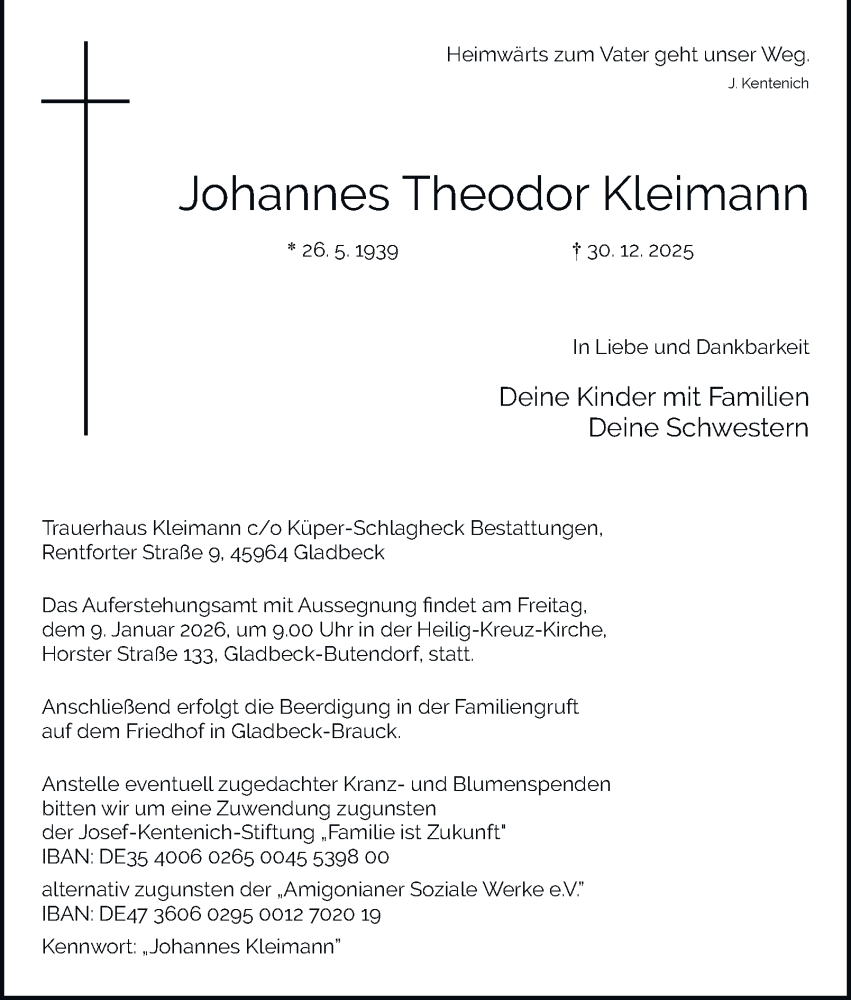  Traueranzeige für Johannes Theodor Kleimann vom 13.01.2026 aus Tageszeitung