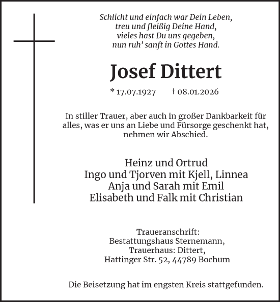 Traueranzeige von Josef Dittert von Tageszeitung