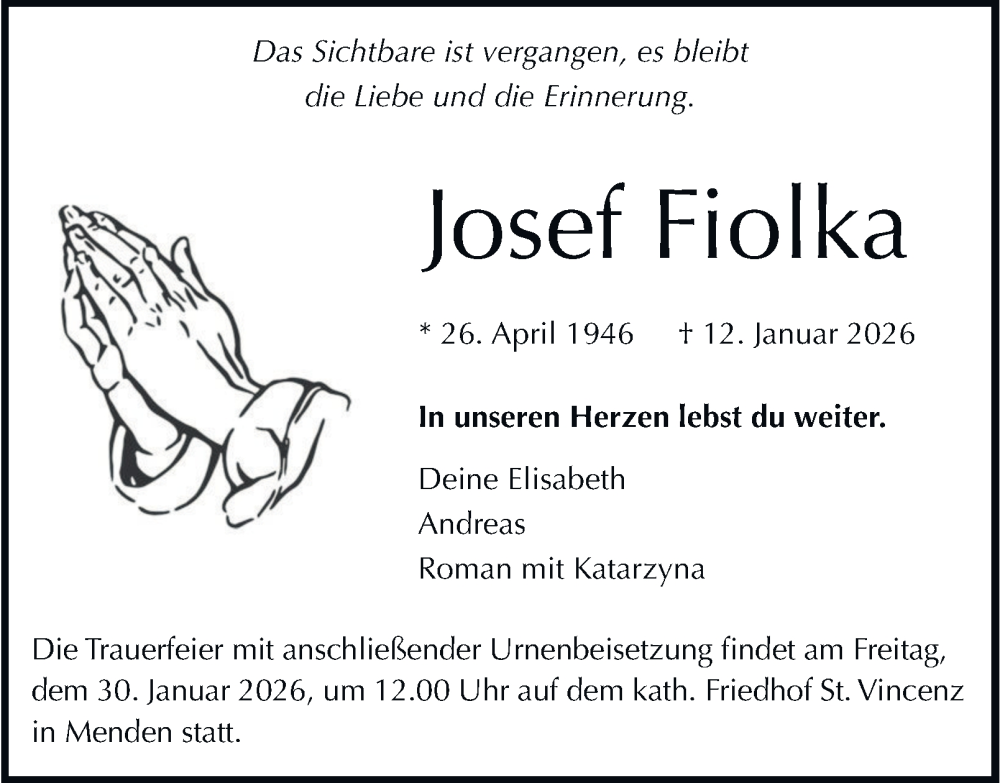  Traueranzeige für Josef Fiolka vom 21.01.2026 aus Tageszeitung