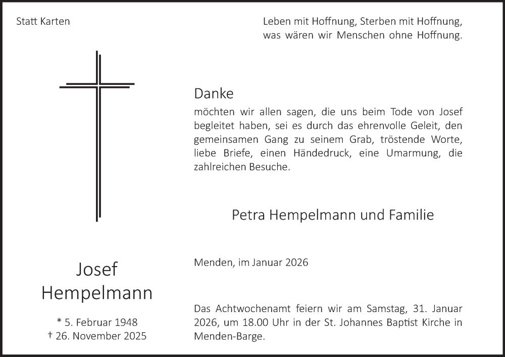  Traueranzeige für Josef Hempelmann vom 17.01.2026 aus Tageszeitung