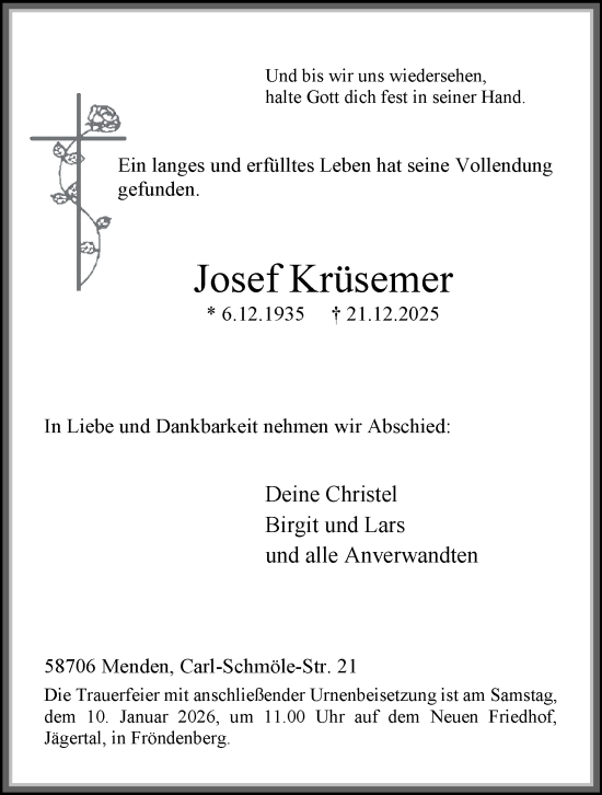 Traueranzeige von Josef Krüsemer von Tageszeitung