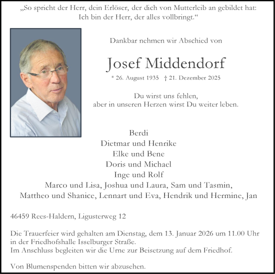 Traueranzeige von Josef Middendorf von Tageszeitung