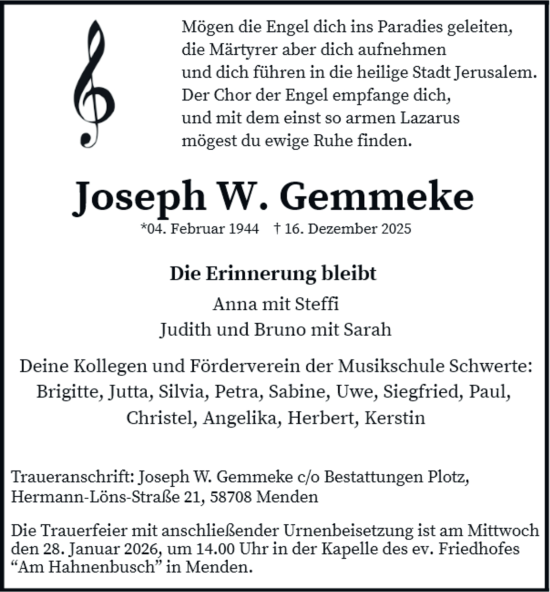 Traueranzeige von Joseph W. Gemmeke von Tageszeitung