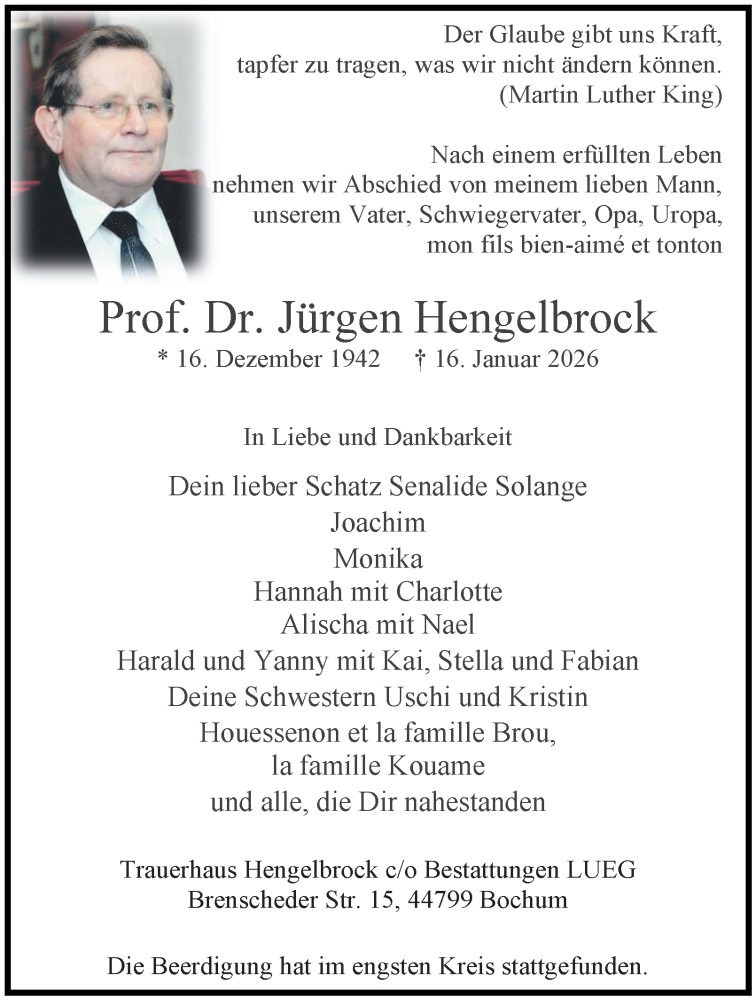  Traueranzeige für Jürgen Hengelbrock vom 31.01.2026 aus Tageszeitung