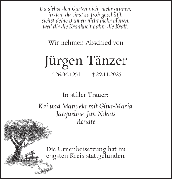 Traueranzeige von Jürgen Tänzer von Tageszeitung