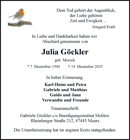 Traueranzeige von Julia Göckler von Tageszeitung