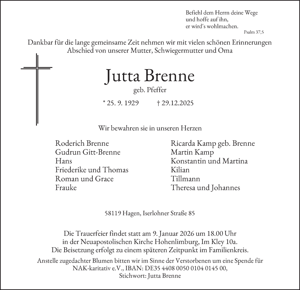  Traueranzeige für Jutta Brenne vom 03.01.2026 aus Tageszeitung