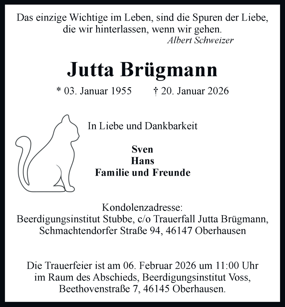  Traueranzeige für Jutta Brügmann vom 31.01.2026 aus Tageszeitung