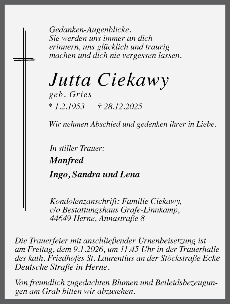  Traueranzeige für Jutta Ciekawy vom 03.01.2026 aus Tageszeitung
