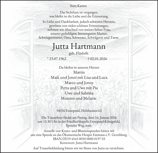 Traueranzeige von Jutta Hartmann von Tageszeitung