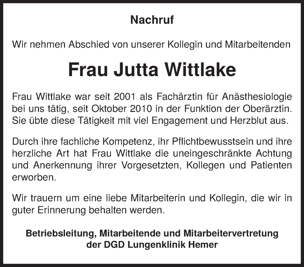  Traueranzeige für Jutta Wittlake vom 31.01.2026 aus Tageszeitung
