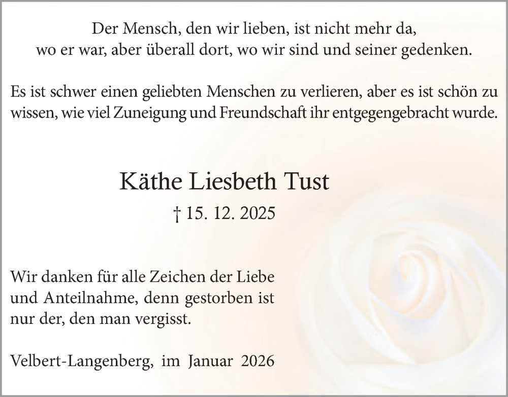  Traueranzeige für Käthe Liesbeth Tust vom 31.01.2026 aus Tageszeitung