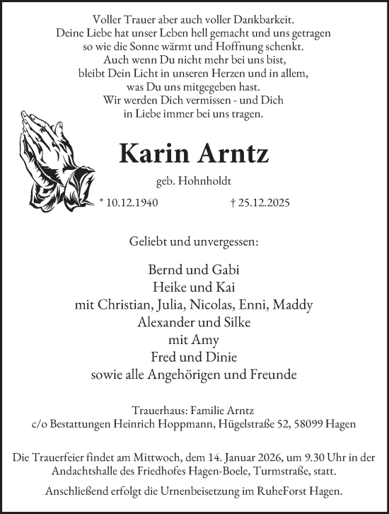 Traueranzeige von Karin Arntz von Tageszeitung