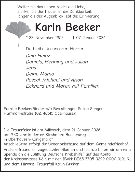 Traueranzeige von Karin Beeker von Tageszeitung