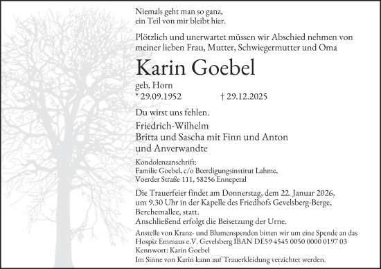 Traueranzeige von Karin Goebel von Tageszeitung