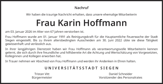 Traueranzeige von Karin Hoffmann von Tageszeitung