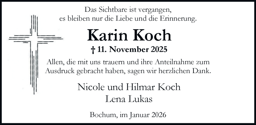  Traueranzeige für Karin Koch vom 17.01.2026 aus Tageszeitung