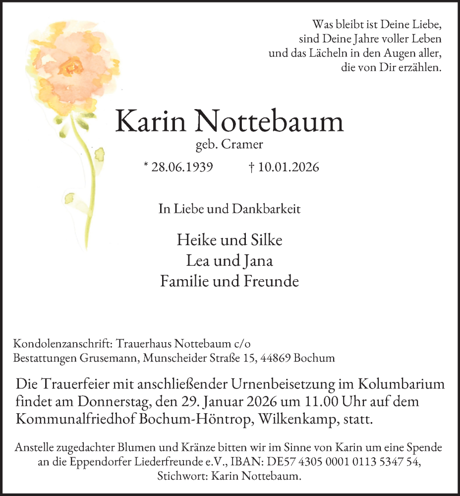  Traueranzeige für Karin Nottebaum vom 24.01.2026 aus Tageszeitung